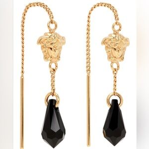 Versace Gold Medusa Chain Drop Earrings with Black Teardrop
